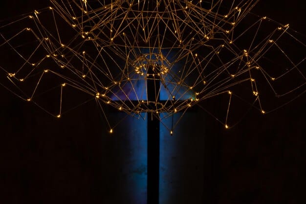 A complex network diagram with glowing nodes and connections, representing the interconnectedness of artificial intelligence and machine learning algorithms. The background is a dark blue gradient, highlighting the technological nature of the image.