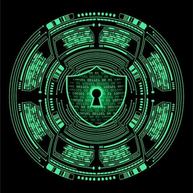 A digital shield with a lock icon in the center, surrounded by binary code and network connections, illustrating the concept of cybersecurity and data protection. The color scheme is a combination of blues and greens to create a sense of security and technology.