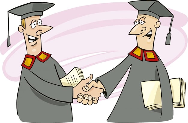 A cartoon graphic showing a person in a graduation gown shaking hands with a person in a business suit, symbolizing a graduate entering public service. The background includes buildings representing schools, hospitals, and government offices, all connected by a winding road.