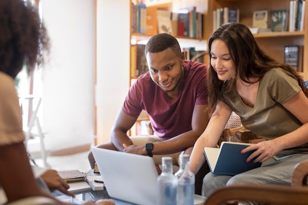 A diverse group of college students studying together in a library, with one student pointing at a laptop screen showing a scholarship application form.