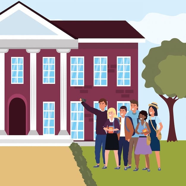 A college student giving a campus tour to a group of prospective students and their families. The architecture is classic and collegiate, and the atmosphere is welcoming and informative