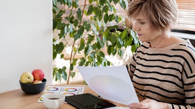 A person reviewing financial documents at a desk. A laptop is open with a spreadsheet showing retirement projections. The person appears focused and thoughtful, with a calculator nearby.