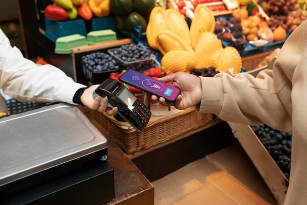 A close-up of an EBT card being used at a grocery store checkout, with fresh produce and other healthy food items visible.