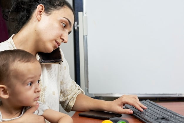 A parent looking at a computer screen, researching childcare assistance programs online, with a thoughtful and determined expression. A young child is playing quietly nearby, highlighting the parent's need to balance work and family responsibilities.