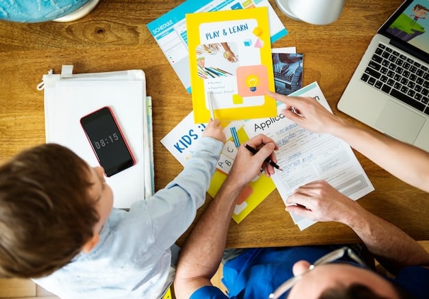 A parent filling out an application form for childcare assistance at a desk with brochures about different childcare programs spread out.