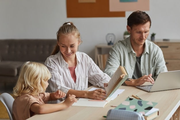 A family (mother, father, and two children) sitting at a table, reviewing healthcare documents with a friendly healthcare professional. The scene is set in a well-lit office, conveying trust and information sharing.