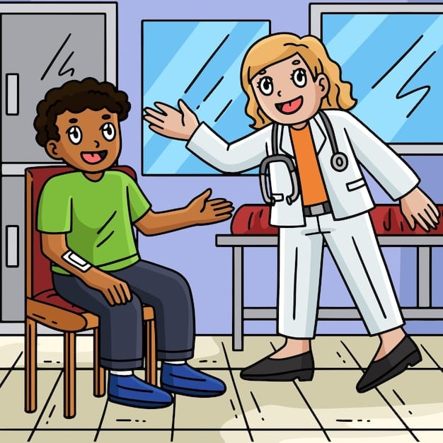 A doctor giving a young child a routine check-up in a brightly colored and child-friendly examination room. The scene emphasizes preventive care and a positive doctor-patient interaction.