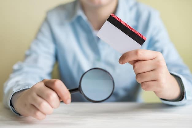 A hand holding a magnifying glass over a person reviewing a credit card statement on a tablet. Charts illustrating spending habits and rewards are visible on the screen. The setting is modern and bright, suggesting a focus on digital financial literacy.