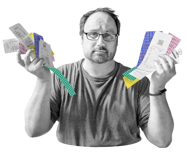 A split-screen image. On one side, a person happily pointing at a chart showing decreasing utility bills. On the other side, a stressed person surrounded by stacks of bills.