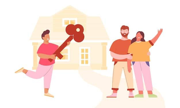 An illustration showing a person happily receiving the keys to a new home, symbolizing the positive outcomes of having a good credit score.
