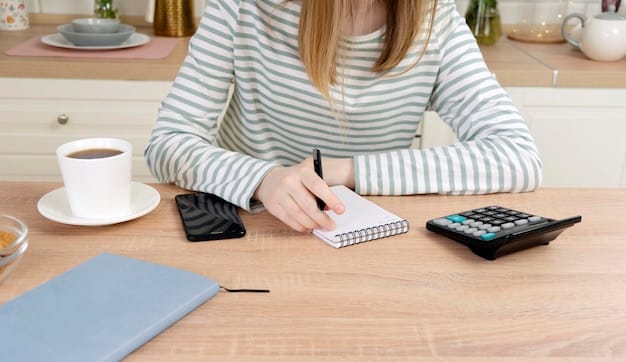 A person using a calculator and writing on a notepad, with various expense sheets spread around them, in a well-lit home office.