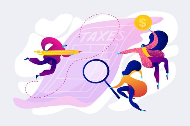 An illustration showing a person looking at a magnifying glass towards a tax form, with dollar signs surrounding them. The image is bright and emphasizes the importance of examining tax details.