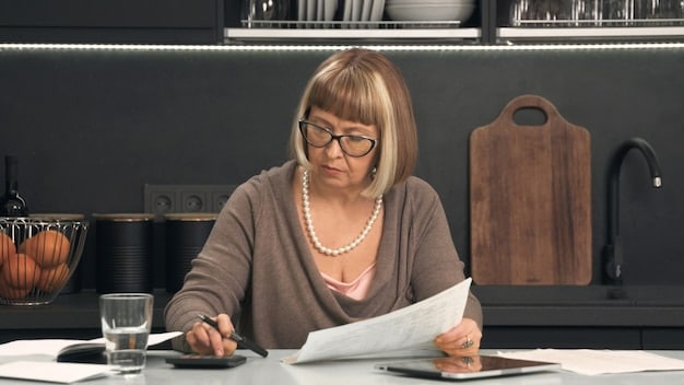 A concerned-looking individual reviewing a tax document with a calculator and pen nearby, visually representing the tax implications of a Roth IRA conversion.