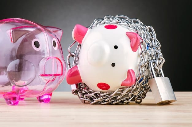 A piggy bank with a bandage on it, symbolizing the protective role of an emergency fund during financial setbacks. Coins are scattered around the base, indicating saving efforts.