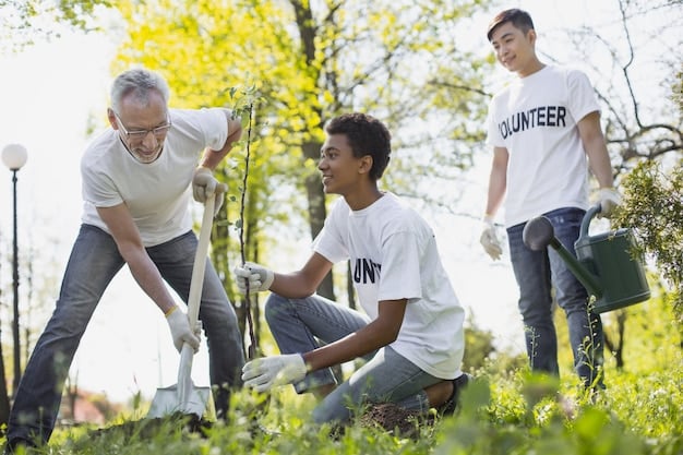 A diverse group of volunteers planting trees, with a focus on teamwork and environmental conservation.