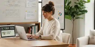 Self-employed woman planning retirement for 2026 with laptop and financial projections
